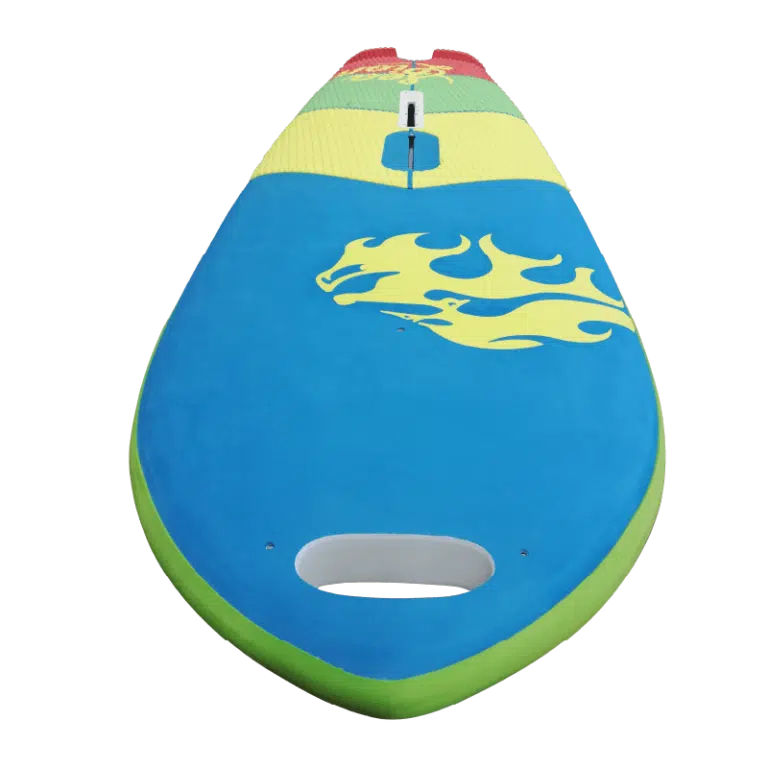 Planche de paddle bleue et verte avec un motif jaune et vert