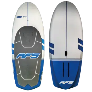 Planche de surf blanche et bleue avec les lettres "apf" inscrites dessus