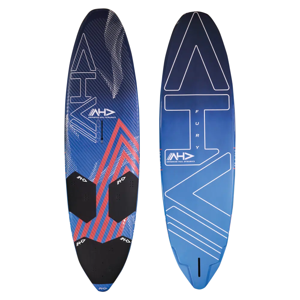 Planche de surf bleue et rouge avec les mots "atv" inscrits dessus